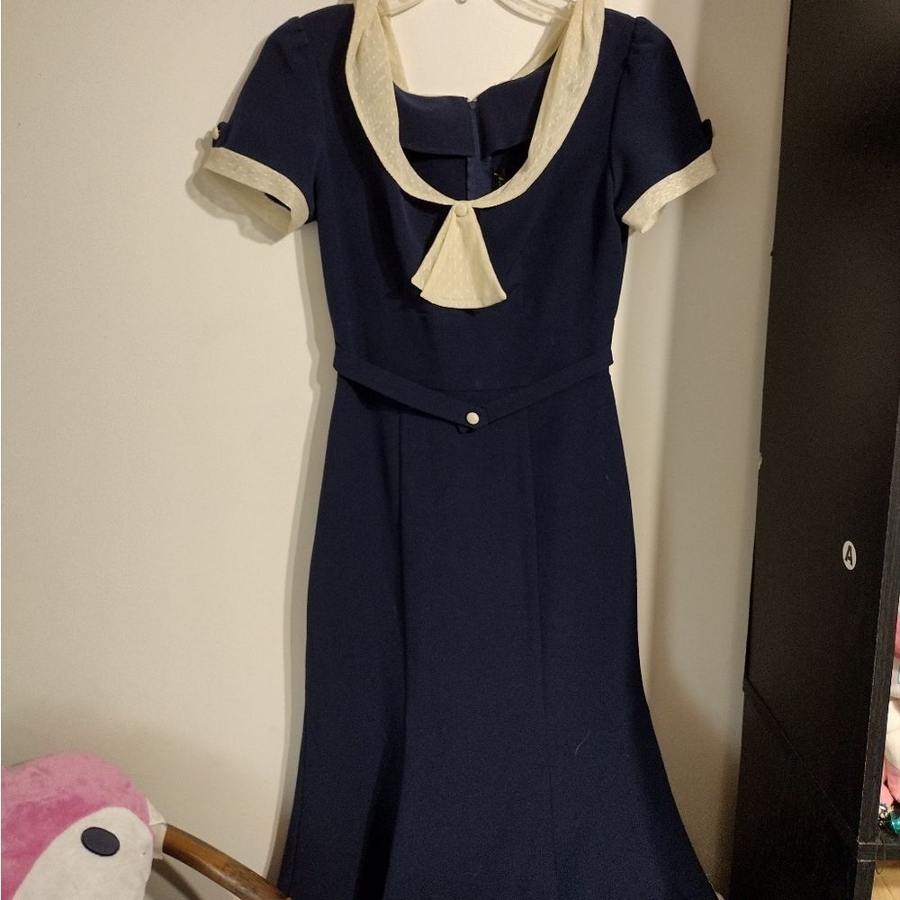 Stop staring dress vintage Raileen Dress navy blue cream lace wiggle pinup